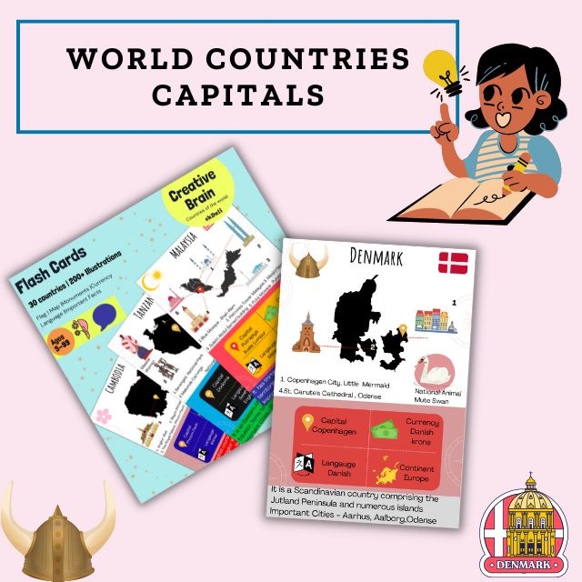 World Countries Capitals and Flags Flashcards for Kids - Denmark Facts