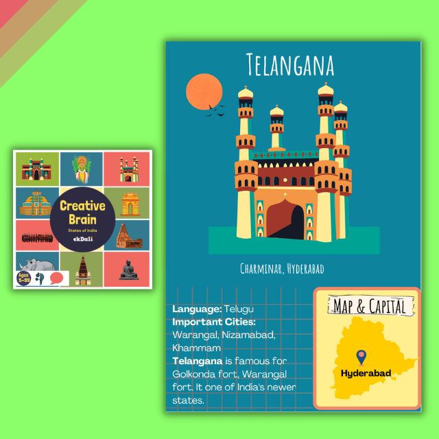 Telangana Flashcards for kids Learning - State and Capitals