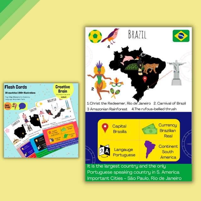 Country Flags Capitals and Other Facts - Brazil Flash Card