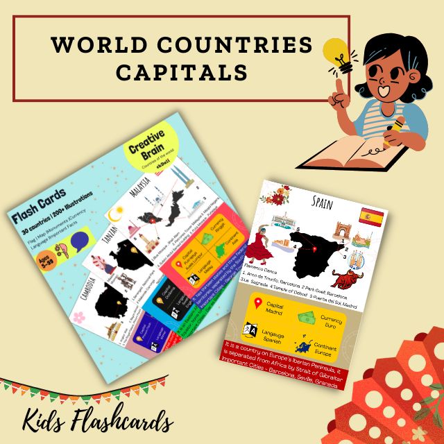World Country Capital Flag Flashcards for kids - Focus on Spain